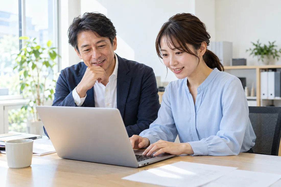 パソコンで提案の準備を進める社員と経営者のイメージ